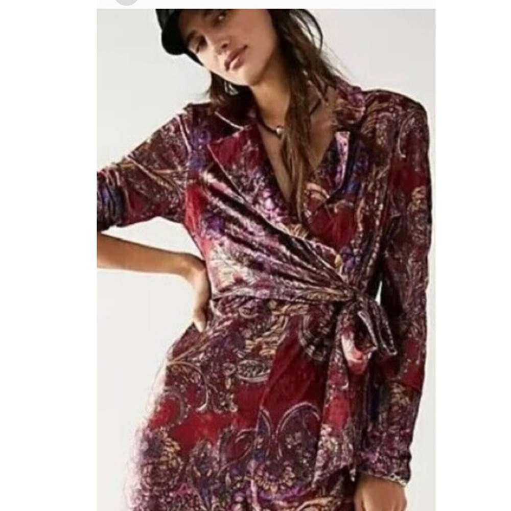 New Free People Delphine Velvet Wrap Bodice Jumpsuit $178 LARGE Wine Smocked
